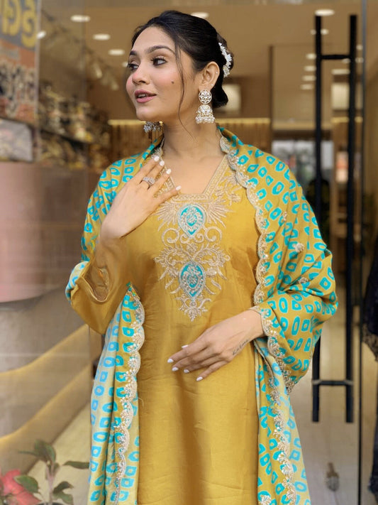 Elegant Pure Viscose yellow Embroidary Work Suit Set