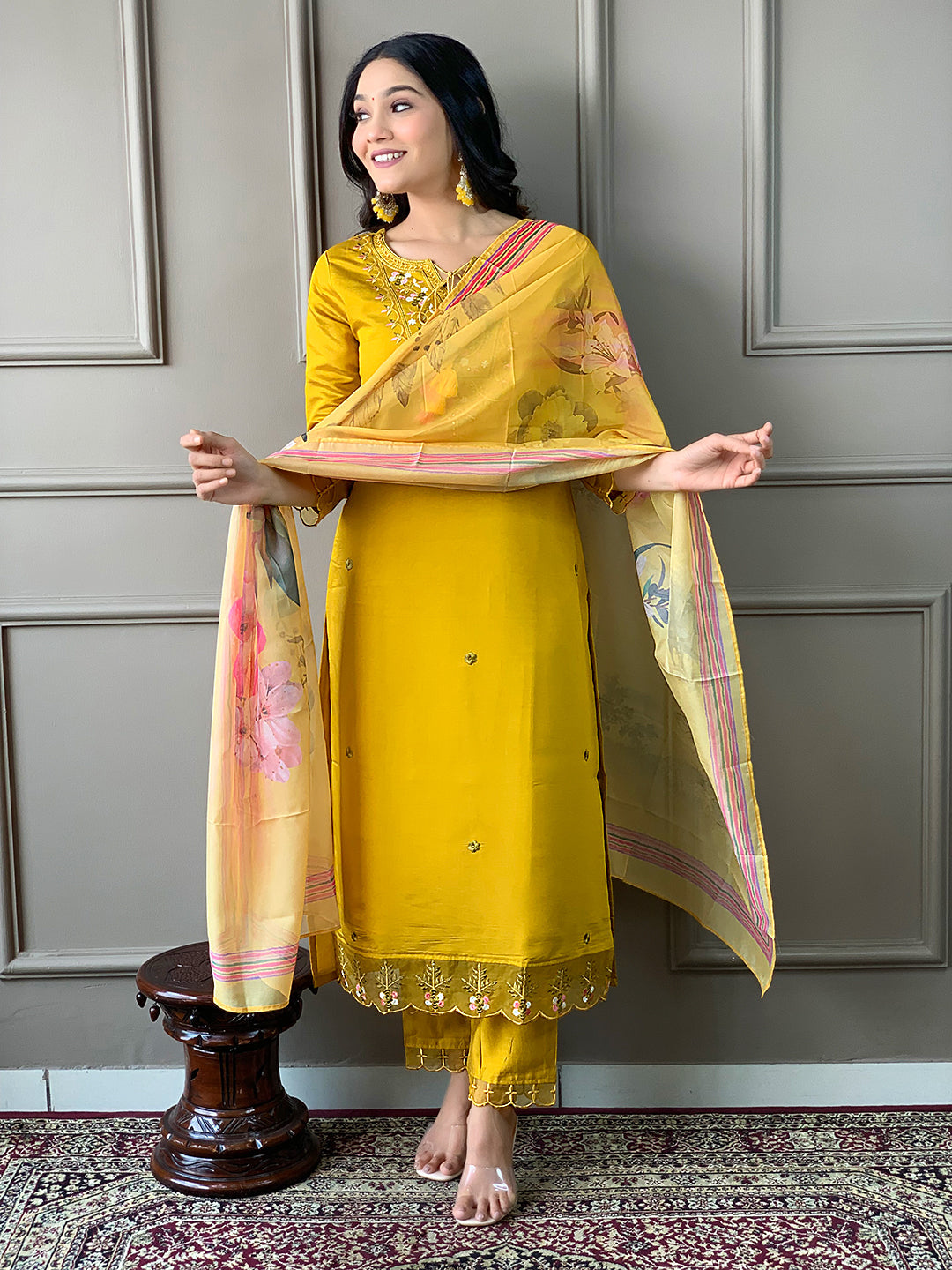 Precious Musturd Pure Chanderi Silk Designer Suit Set With Stylish Dupatta