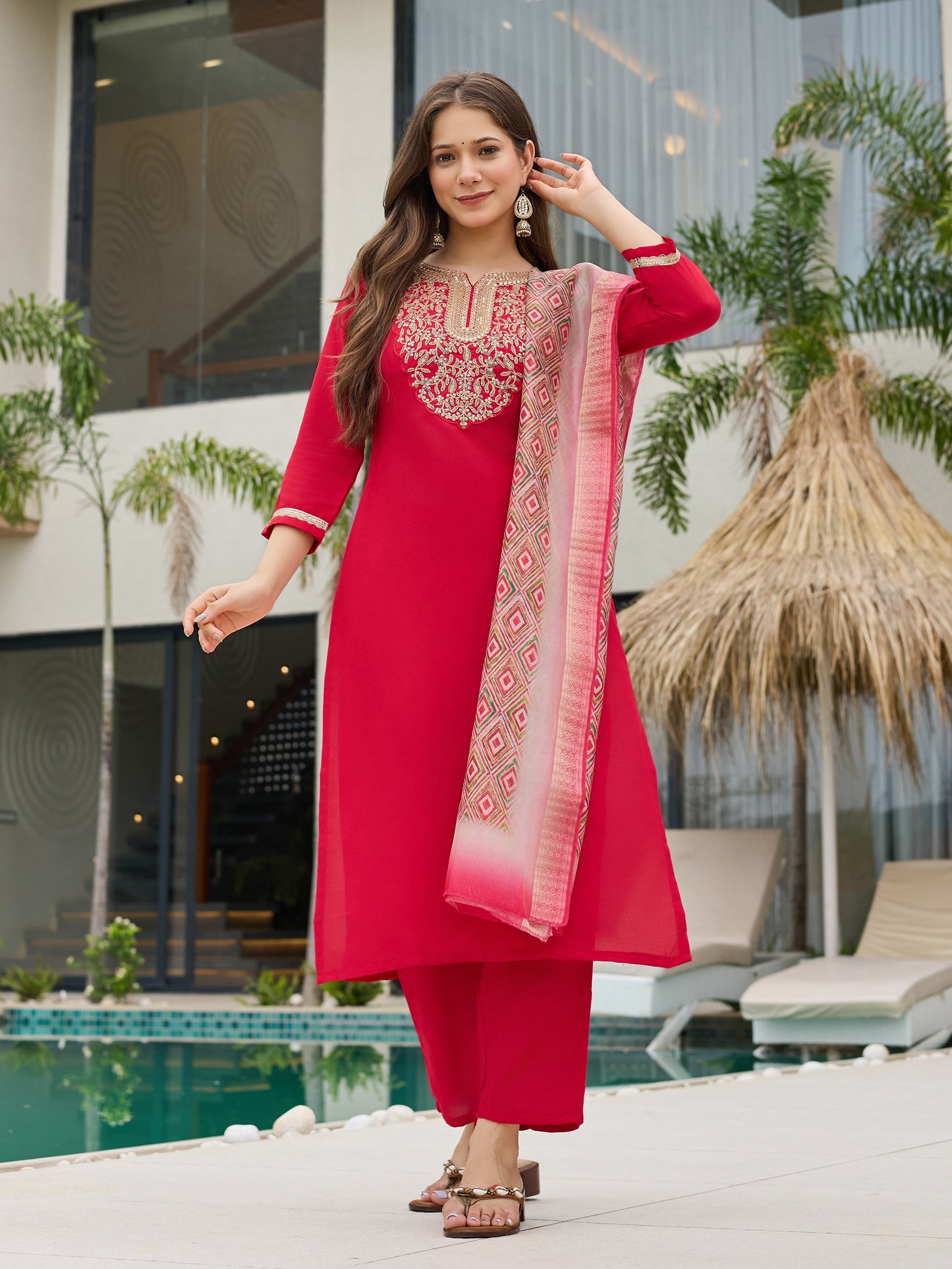 Delightful Rayon Silk Embroidery Suit Set