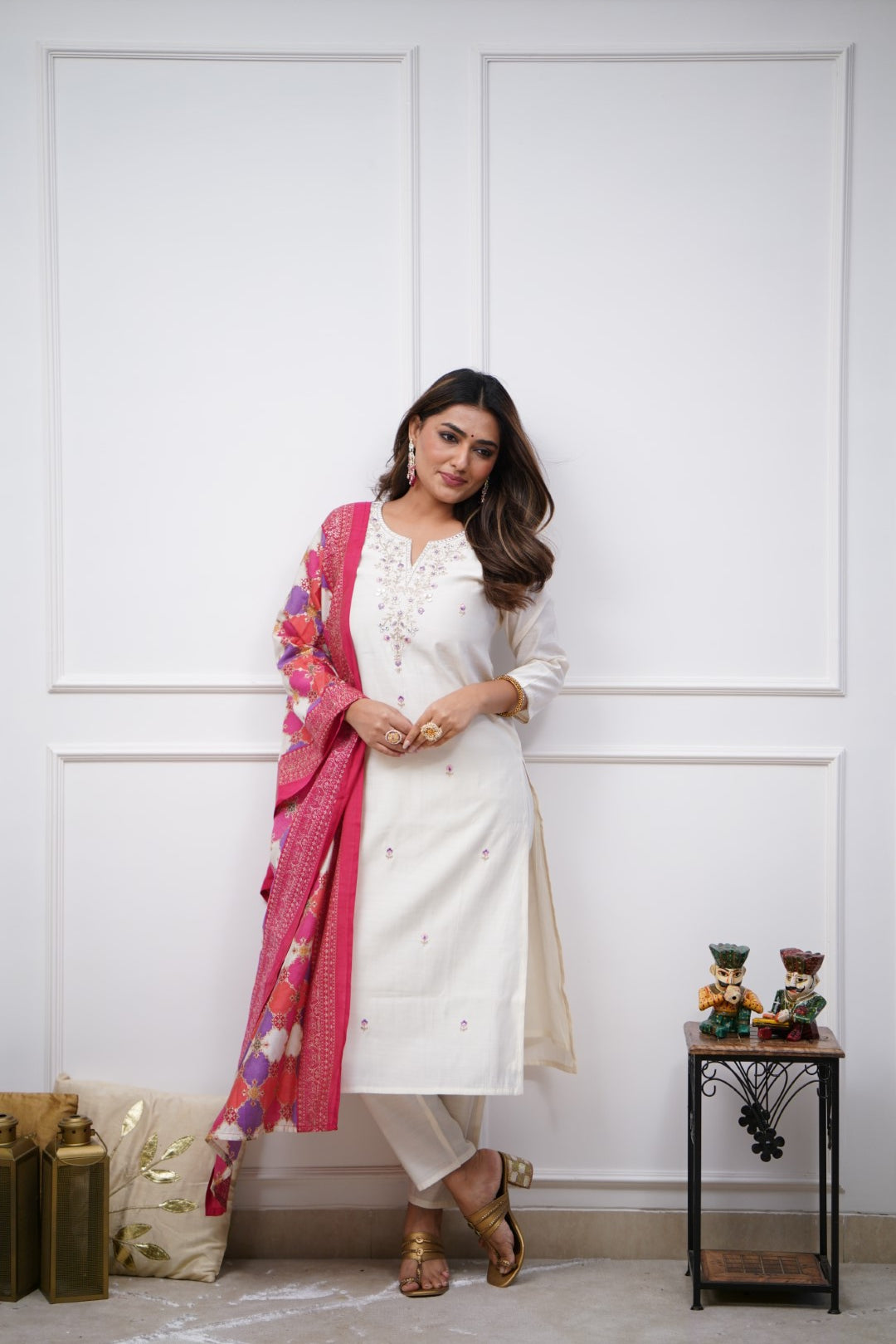 Sensational Off White Trending Viscose Chanderi Embroidary Suit Set