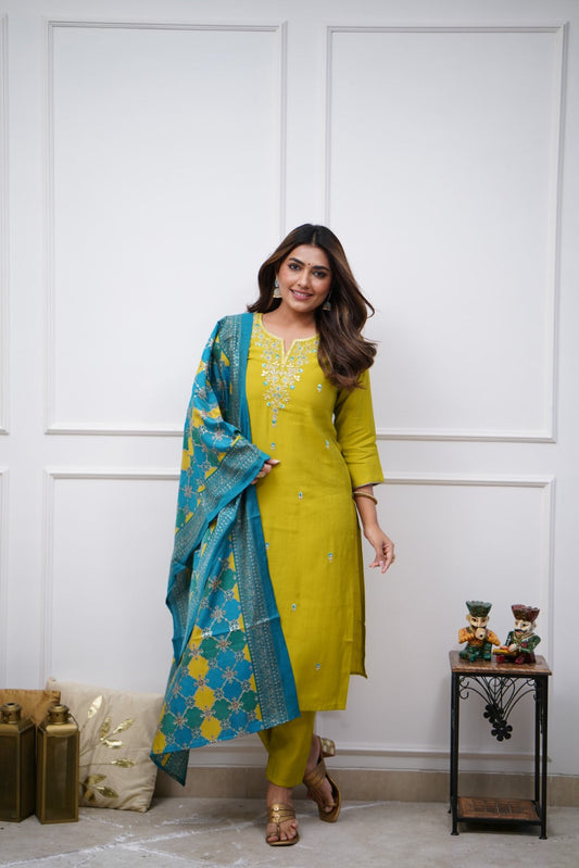 Sensational Lemon Trending Viscose Chanderi Embroidary Suit Set