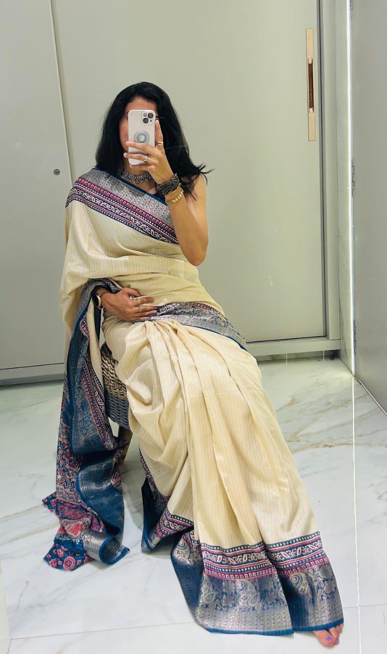 Trending Designer Ajrakh Silk Saree With Temple Border
