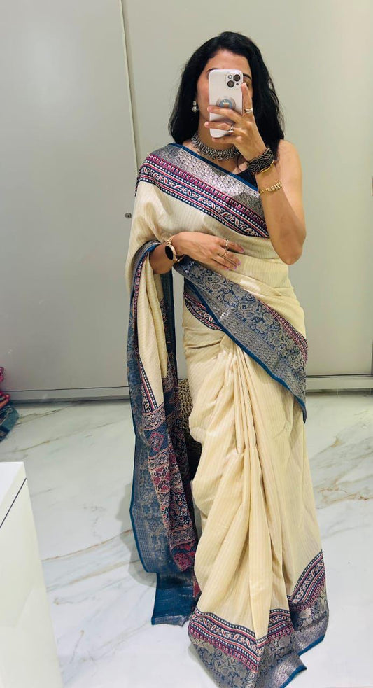 Trending Designer Ajrakh Silk Saree With Temple Border
