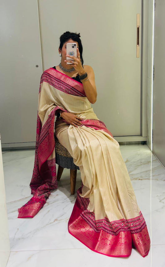 Most Elegant Designer Ajrakh Silk Saree With Temple Border