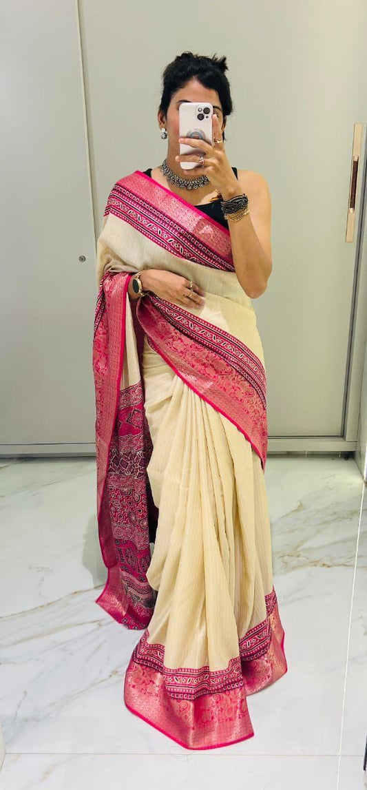 Most Elegant Designer Ajrakh Silk Saree With Temple Border