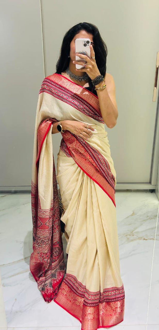 Most Viral Designer Ajrakh Silk Saree With Temple Border
