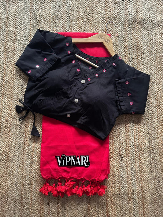 Very Beautiful Handloom Cotton Saree With Stitched Designer Handwork Blouse