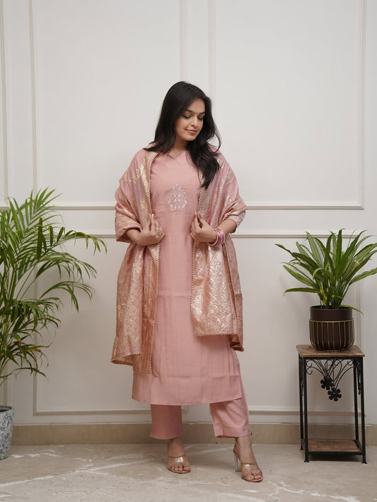 Very Stunning Chanderi Silk Embroidery Suit Set