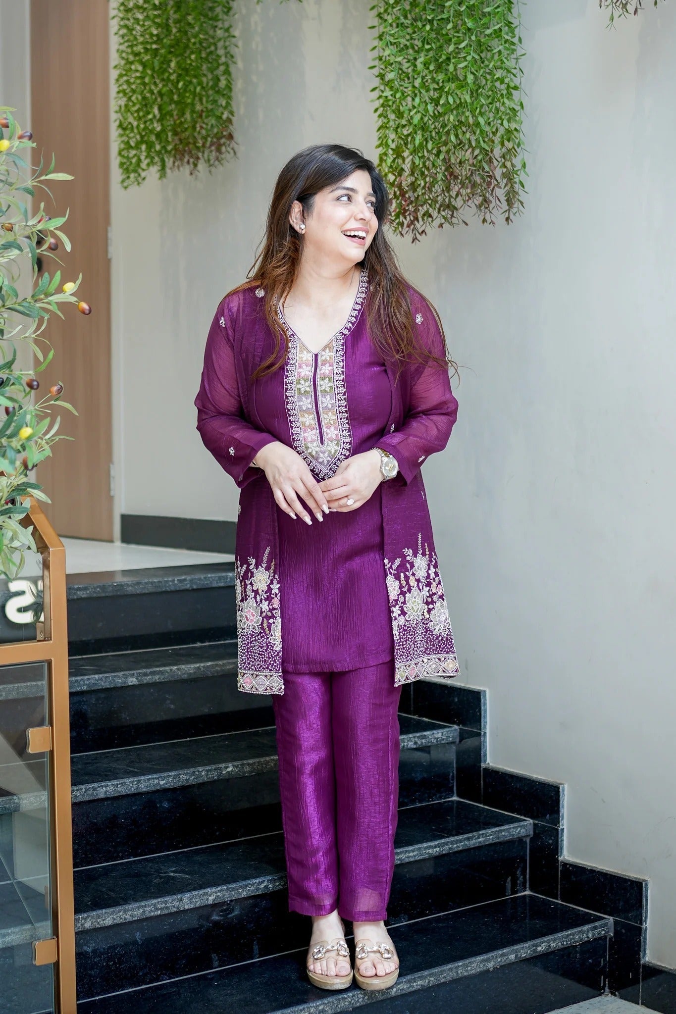 Premium Embroidered Chinon Silk Kurta Pant With Koti Set