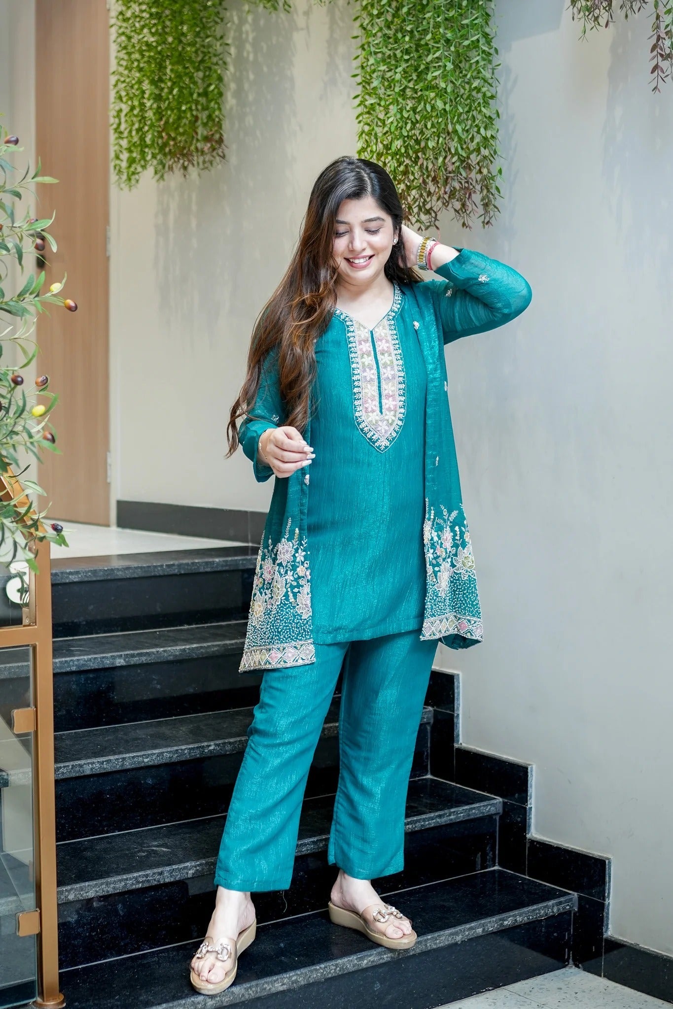 Premium Embroidered Chinon Silk Kurta Pant With Koti Set