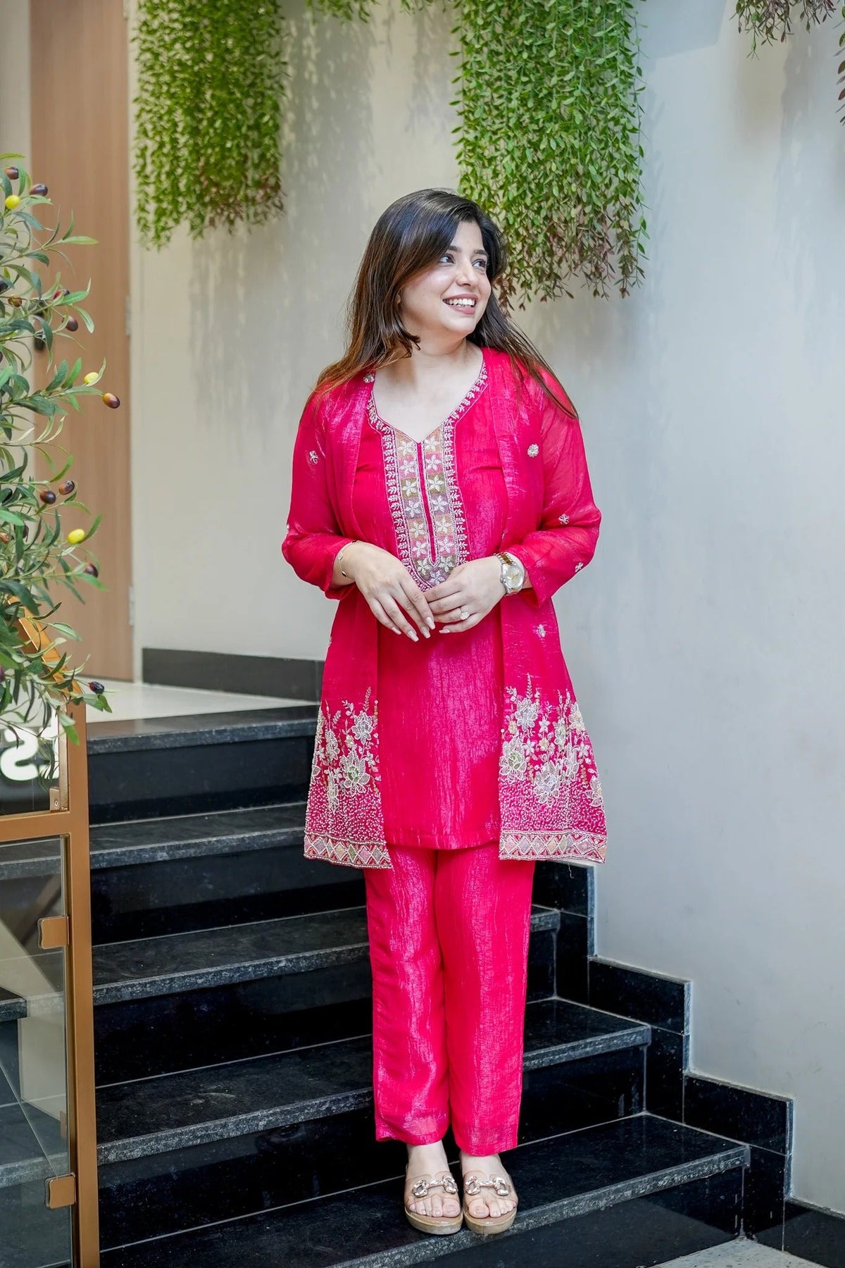 Premium Embroidered Chinon Silk Kurta Pant With Koti Set