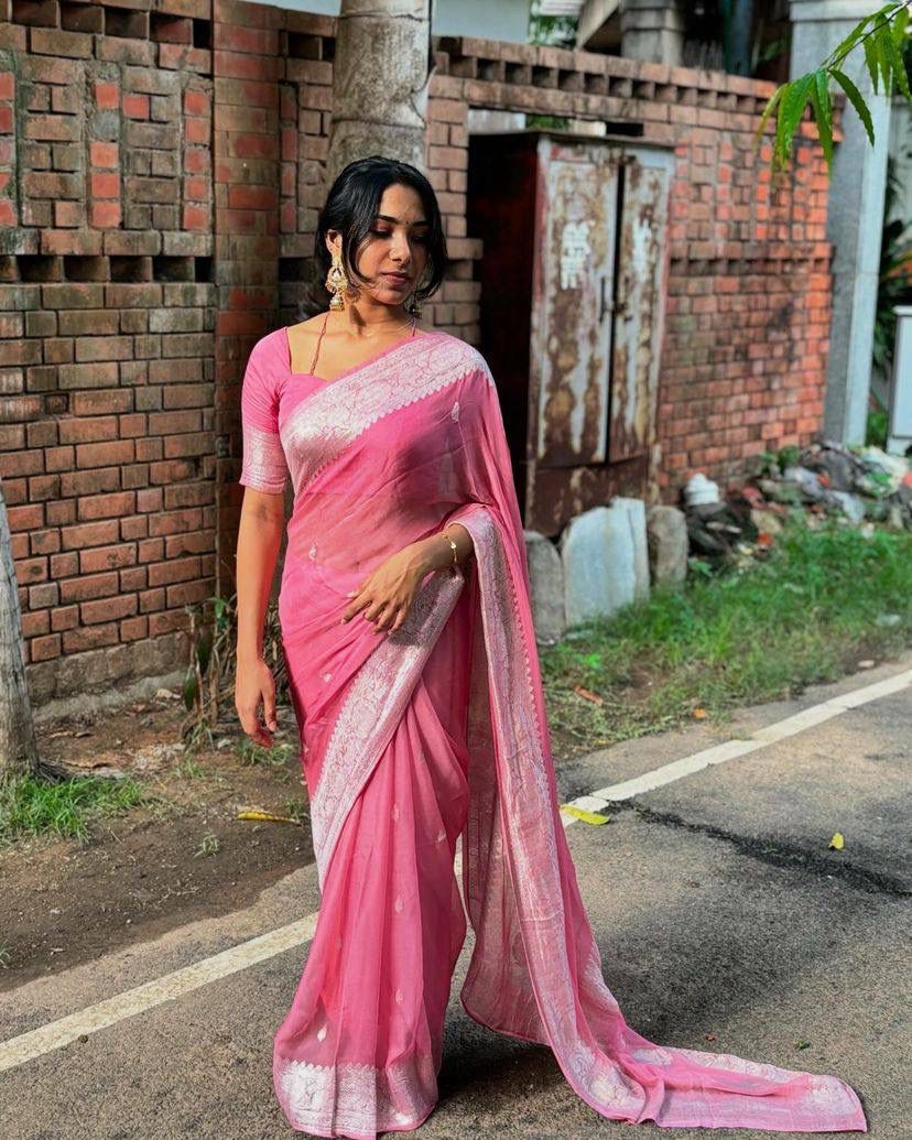 Pure Pestal Pink Soft Linen Cotton Saree With Rich Weaving Blouse