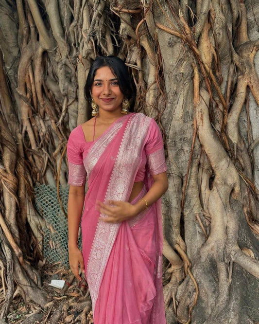 Pure Pestal Pink Soft Linen Cotton Saree With Rich Weaving Blouse