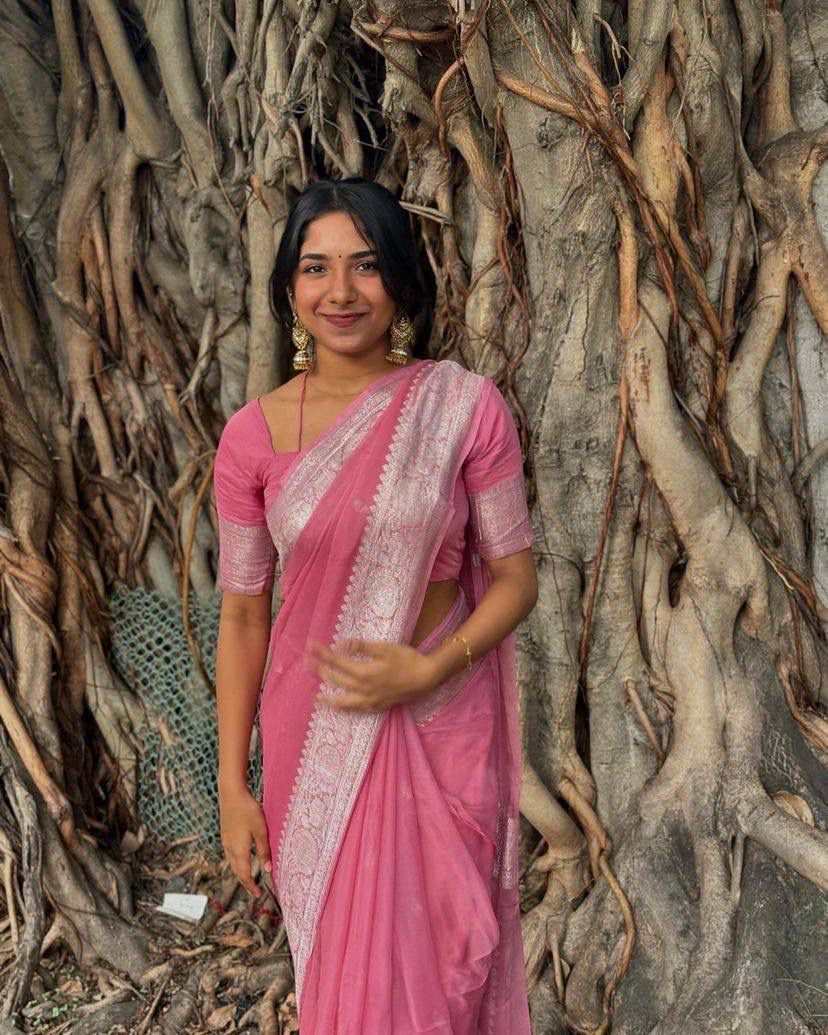 Pure Pestal Pink Soft Linen Cotton Saree With Rich Weaving Blouse