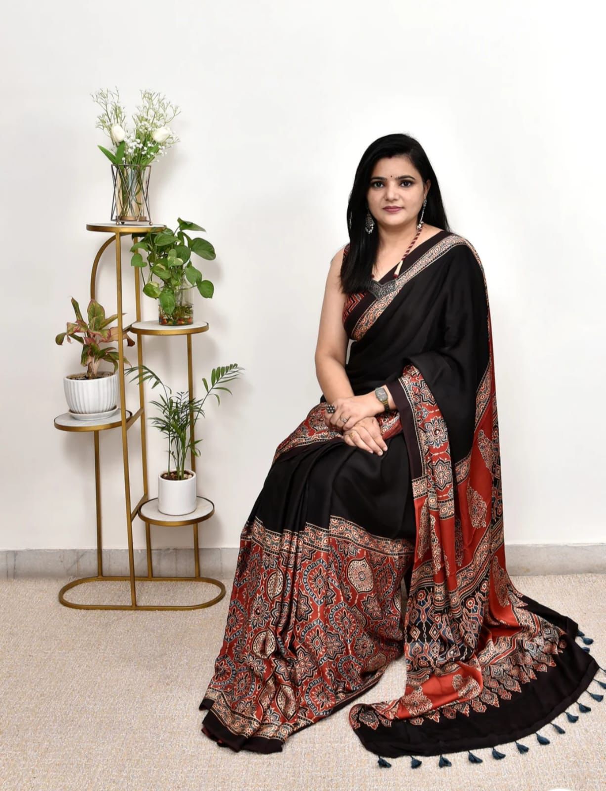 Beautiful Ajrakh Pure Gajji Silk Saree WIth Tassel