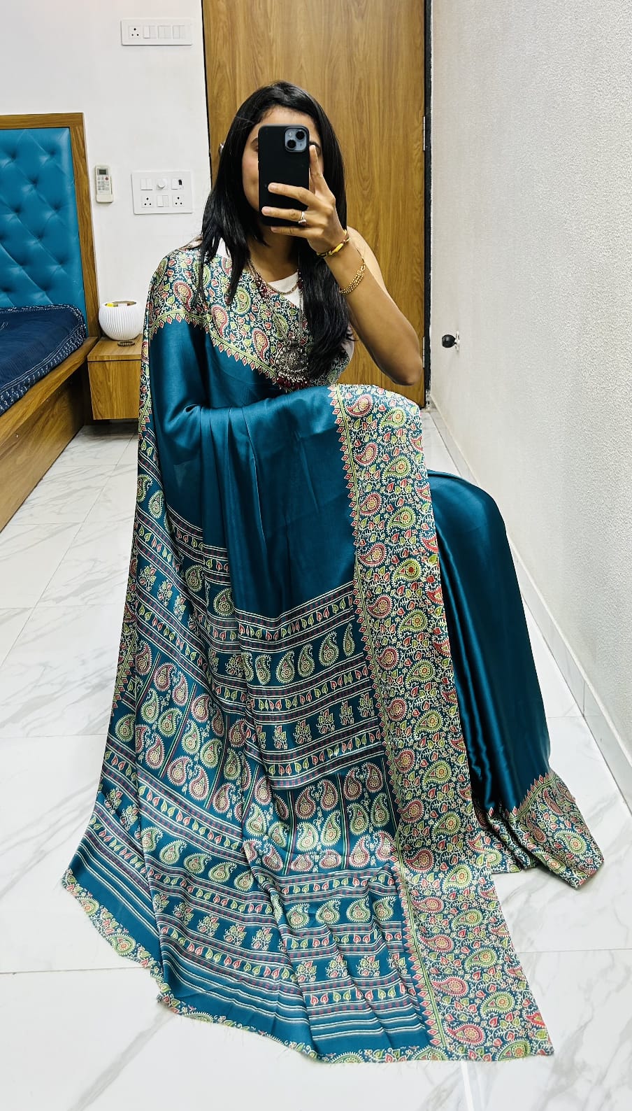 Beautiful Ajrakh Pure Gajji Silk Saree WIth Tassel