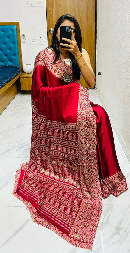Beautiful Ajrakh Pure Gajji Silk Saree WIth Tassel