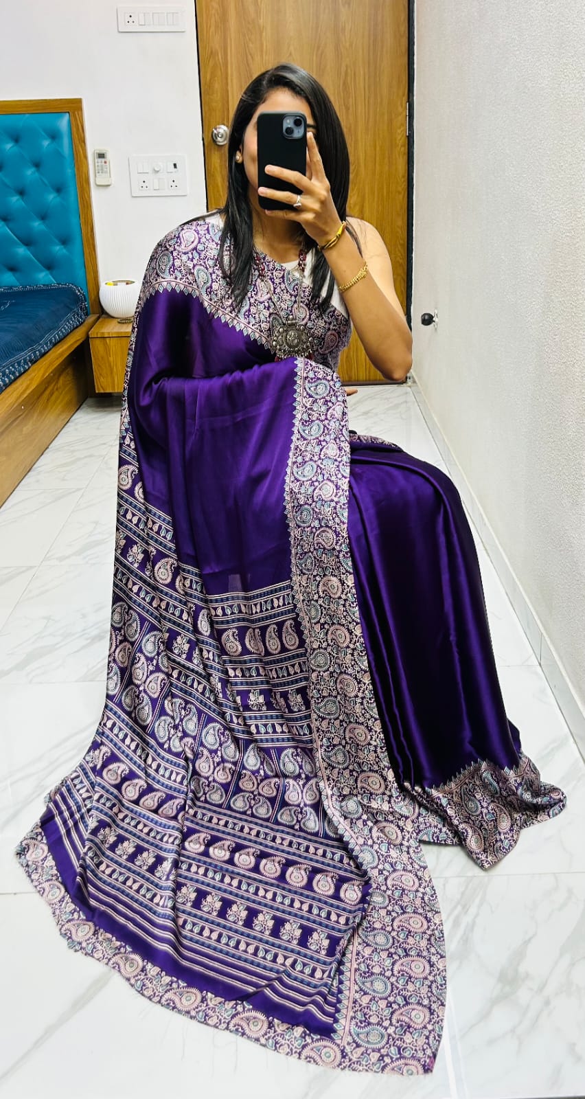 Elegant Ajrakh Pure Gajji Silk Saree WIth Tassel