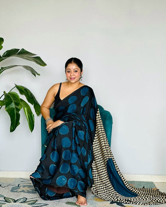 Tremendous Ajrakh Pure Gajji Silk Saree WIth Tassel