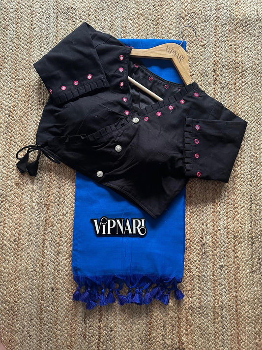 Pure Handloom Cotton Saree With Stitched Designer Handwork Blouse