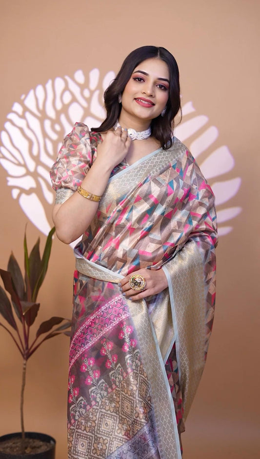 Elegant Multicolor Handllom Silk Blend Saree With Zari border