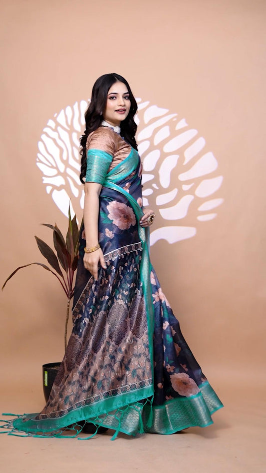 Elegant Midnight Blue Handllom Silk Blend Saree With Zari border