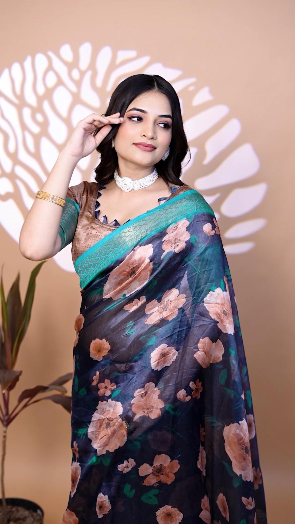 Elegant Midnight Blue Handllom Silk Blend Saree With Zari border