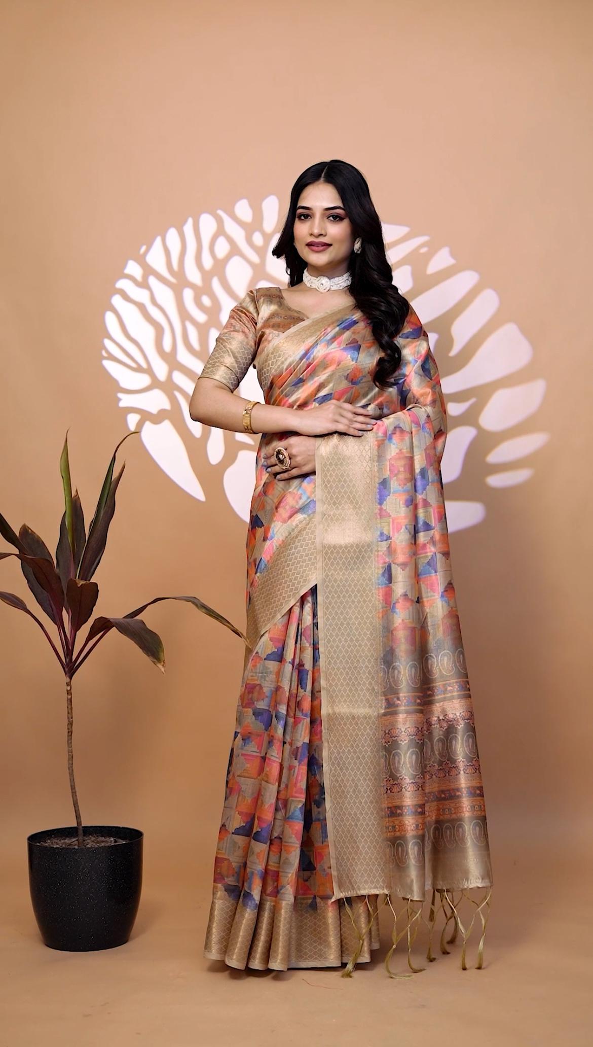 Stylish Multicolor Handllom Silk Blend Saree With Zari border