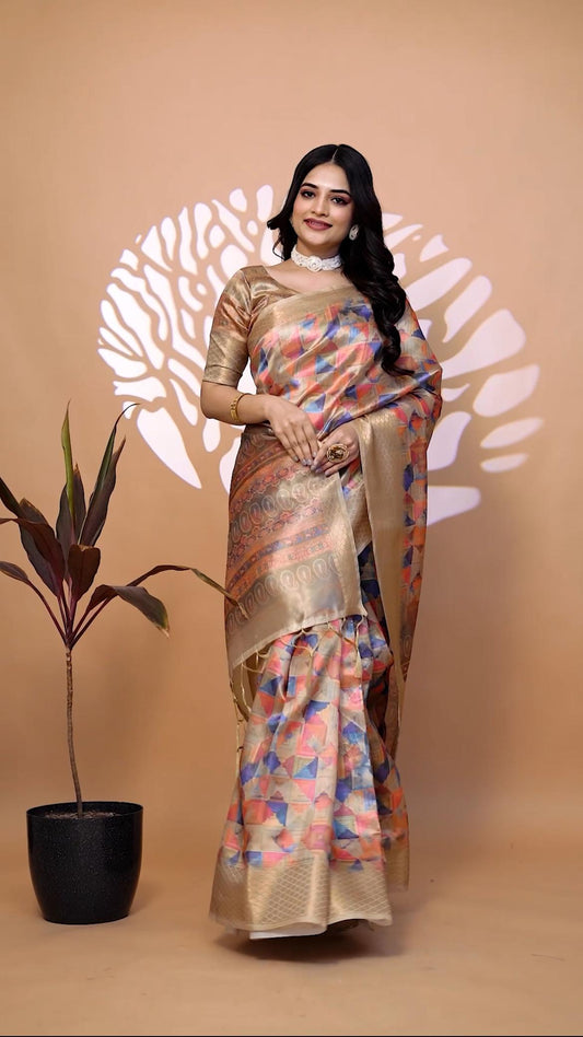 Stylish Multicolor Handllom Silk Blend Saree With Zari border