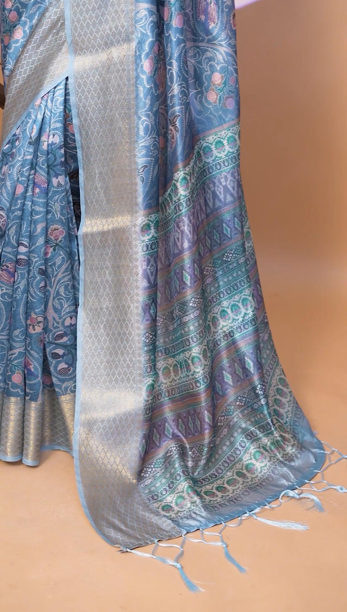 sophisticated Peacock Blue Handllom Silk Blend Saree With Zari border