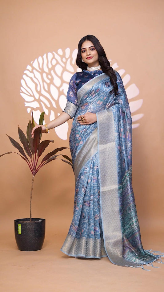 sophisticated Peacock Blue Handllom Silk Blend Saree With Zari border