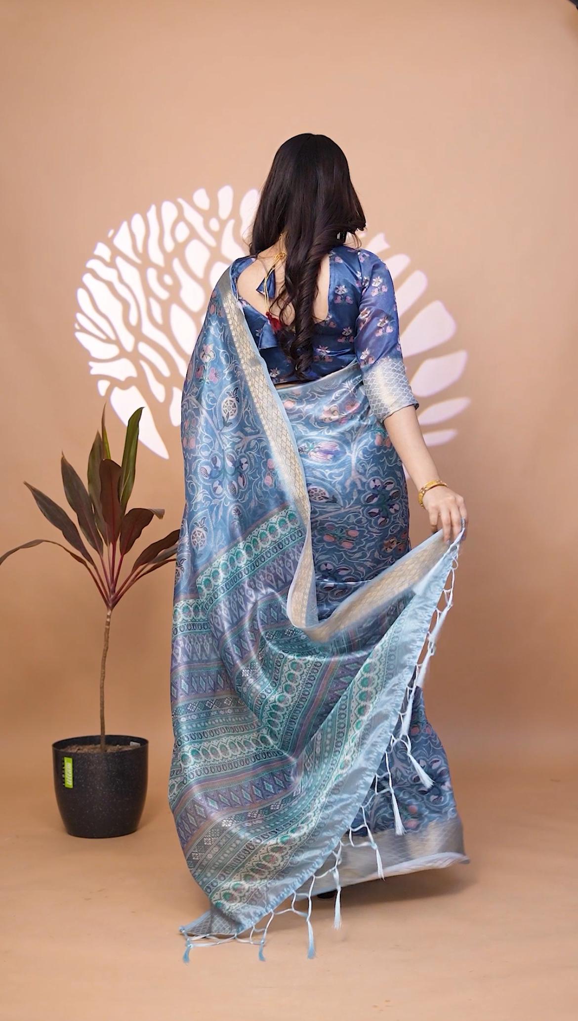 sophisticated Peacock Blue Handllom Silk Blend Saree With Zari border