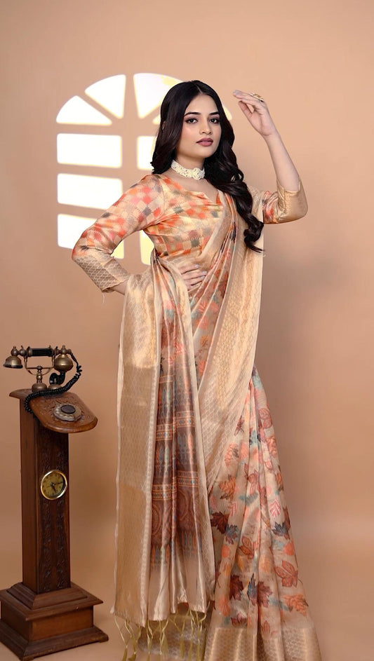 Dignified Beige Soft Silk Saree with Autumn Leaf Print & Zari border