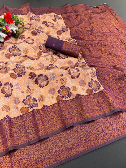 Elegant Peach Kanjivaram Silk Saree With Shine Zari Work