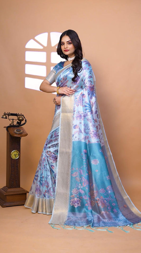 Dignified Pastal Blue Soft Silk Saree with Floral Weaving