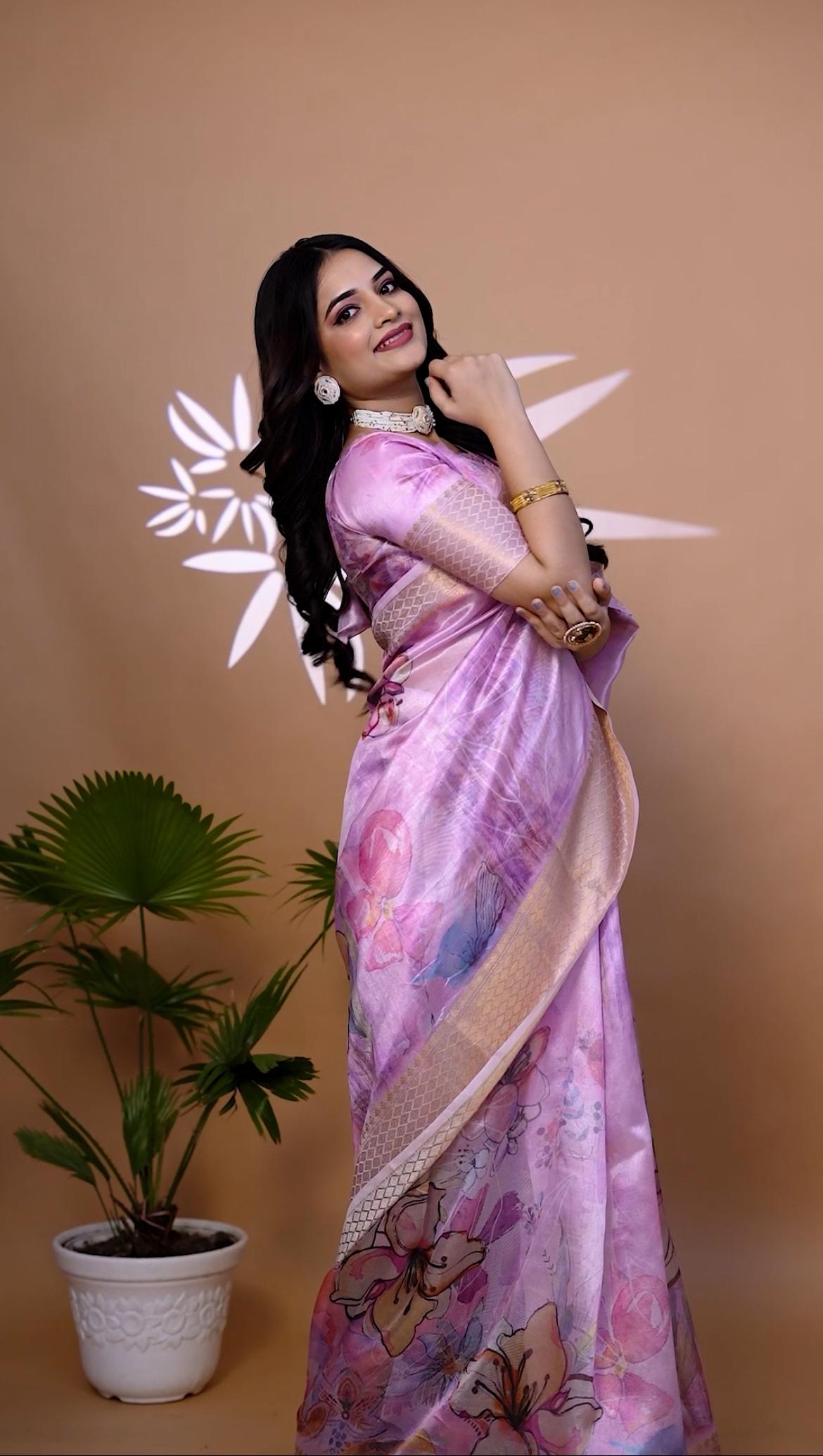 Refined Baby Pink Soft Silk Saree with Floral Print And Zari Border