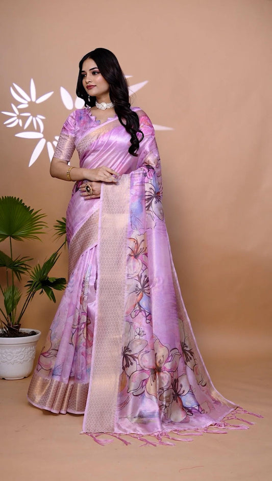 Refined Baby Pink Soft Silk Saree with Floral Print And Zari Border