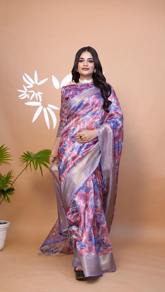 Classic Lavnder & Pink Soft Silk Saree with Leaf Print And Zari Border
