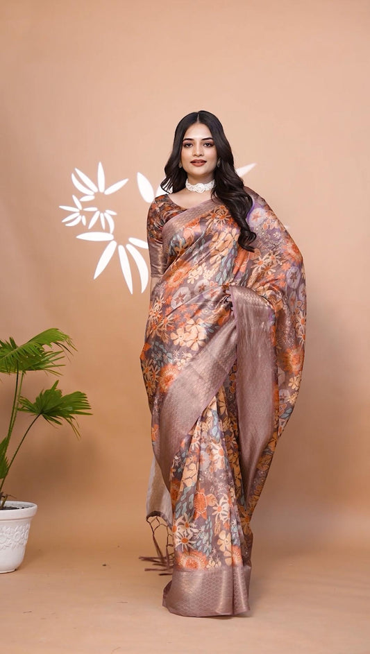 Classic Brown Soft Silk Saree with Copper Zari Border