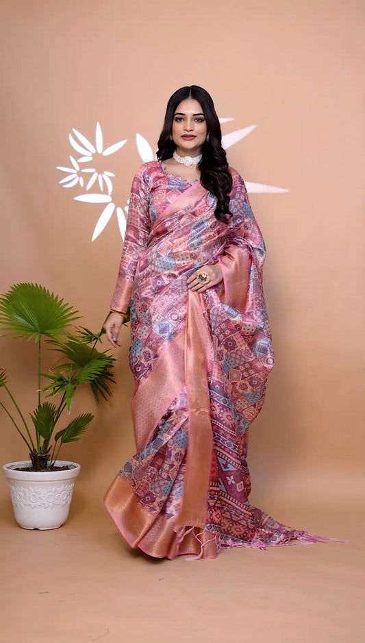 Modish Pink Soft Silk Saree with Copper Zari Border & Multicolor Pallu