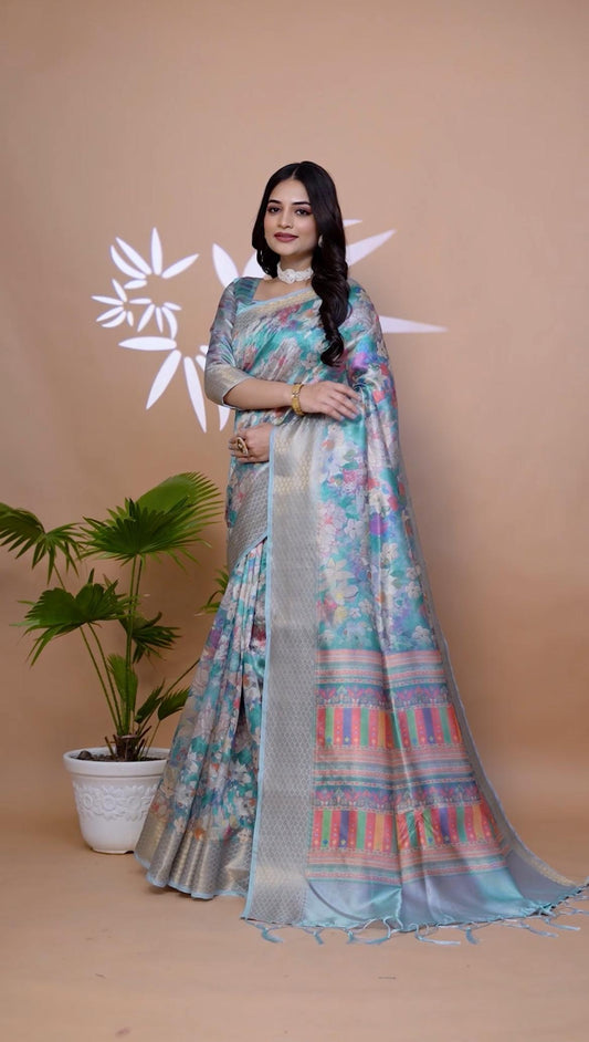 Effective Sky Blue Soft Silk Saree with Copper Zari Border