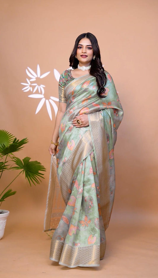 Good-looking Sage Green Soft Silk Saree with Floral Print & Zari Border