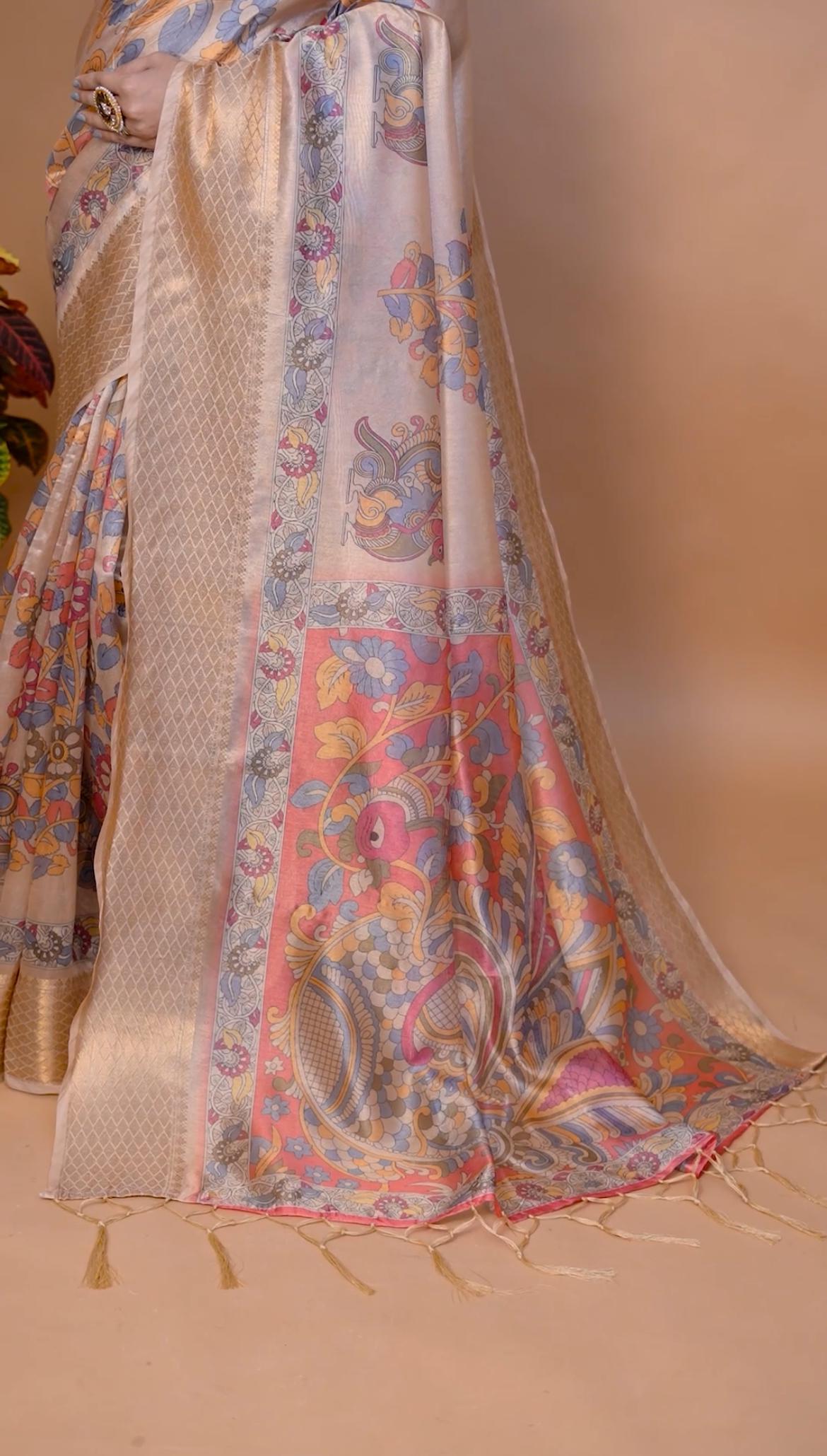 ElegantSoft Silk Saree with Floral Print & Zari Border