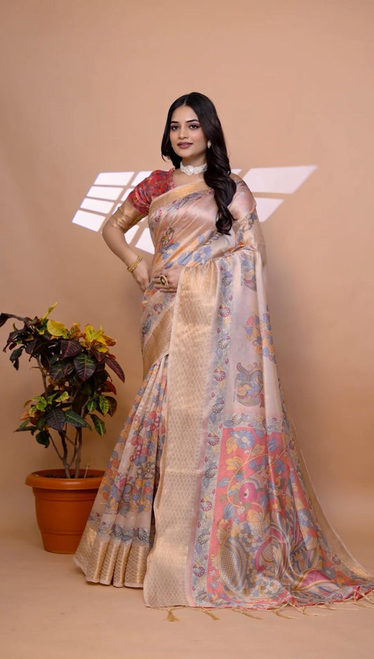 ElegantSoft Silk Saree with Floral Print & Zari Border
