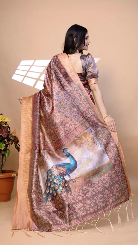 Elegant Soft Silk Saree with Majestic Peacock Pallu & Zari Border