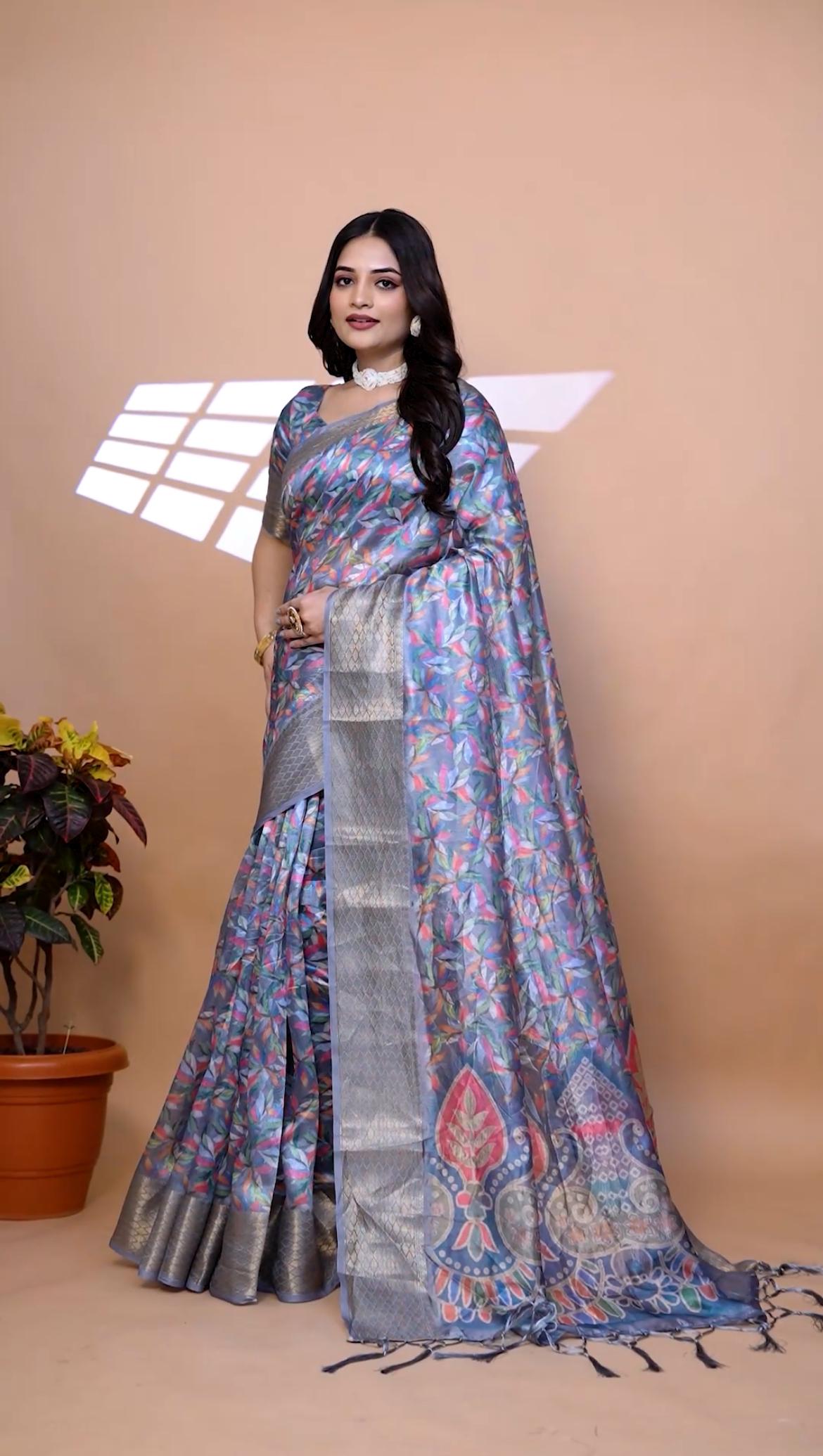 Beautiful Grey Soft Silk Saree with Ethnic Pallu & Zari Border