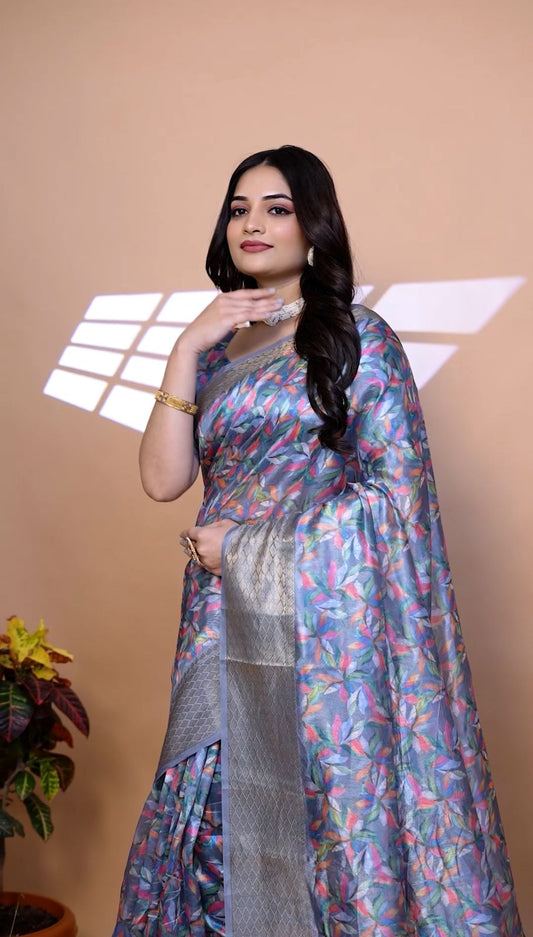 Beautiful Grey Soft Silk Saree with Ethnic Pallu & Zari Border