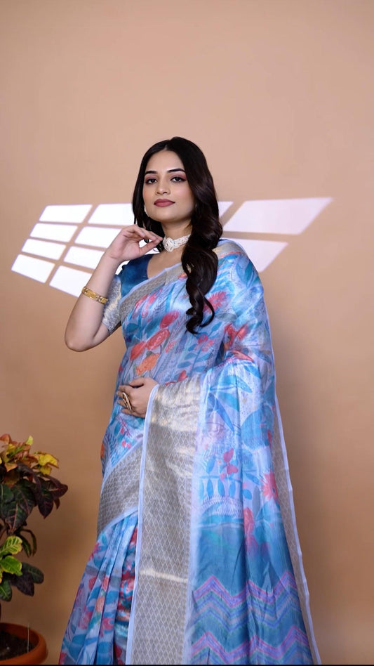 Luxurious Sky Blue Soft Silk Saree with Ethnic Pallu & Zari Border
