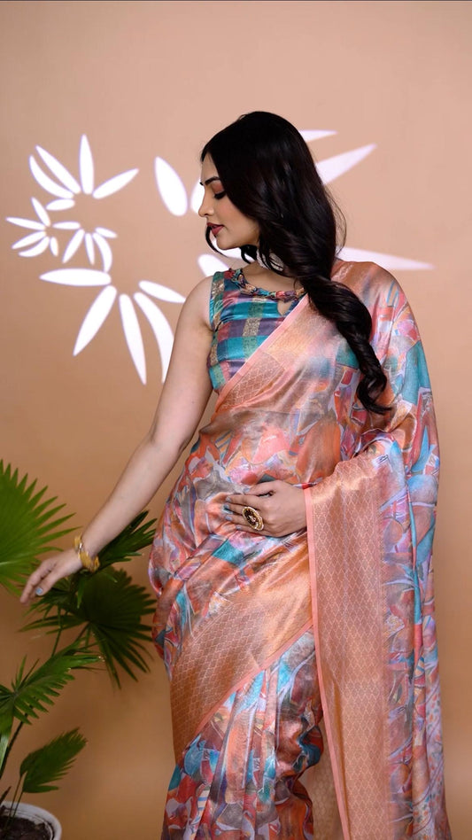 Luxurious Orange & copper Soft Silk Saree with Ethnic Pallu & Zari Border