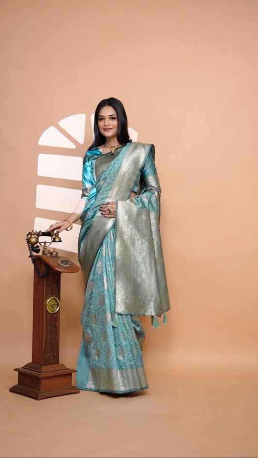 Classic Pastal Teal Banarasi Silk Saree With Golden Zari & Ornate Pallu